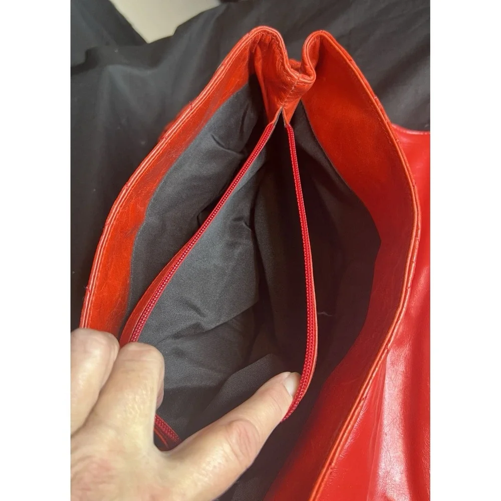 Red Quilted Stitched Fold Over Shoulder Bag Silver Hardware Double Handled Purse